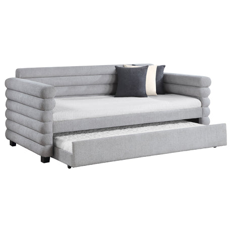 Patricia Boucle Upholstered Twin Daybed with Trundle - Modern Grey with Layered Round Bolsters – view 3