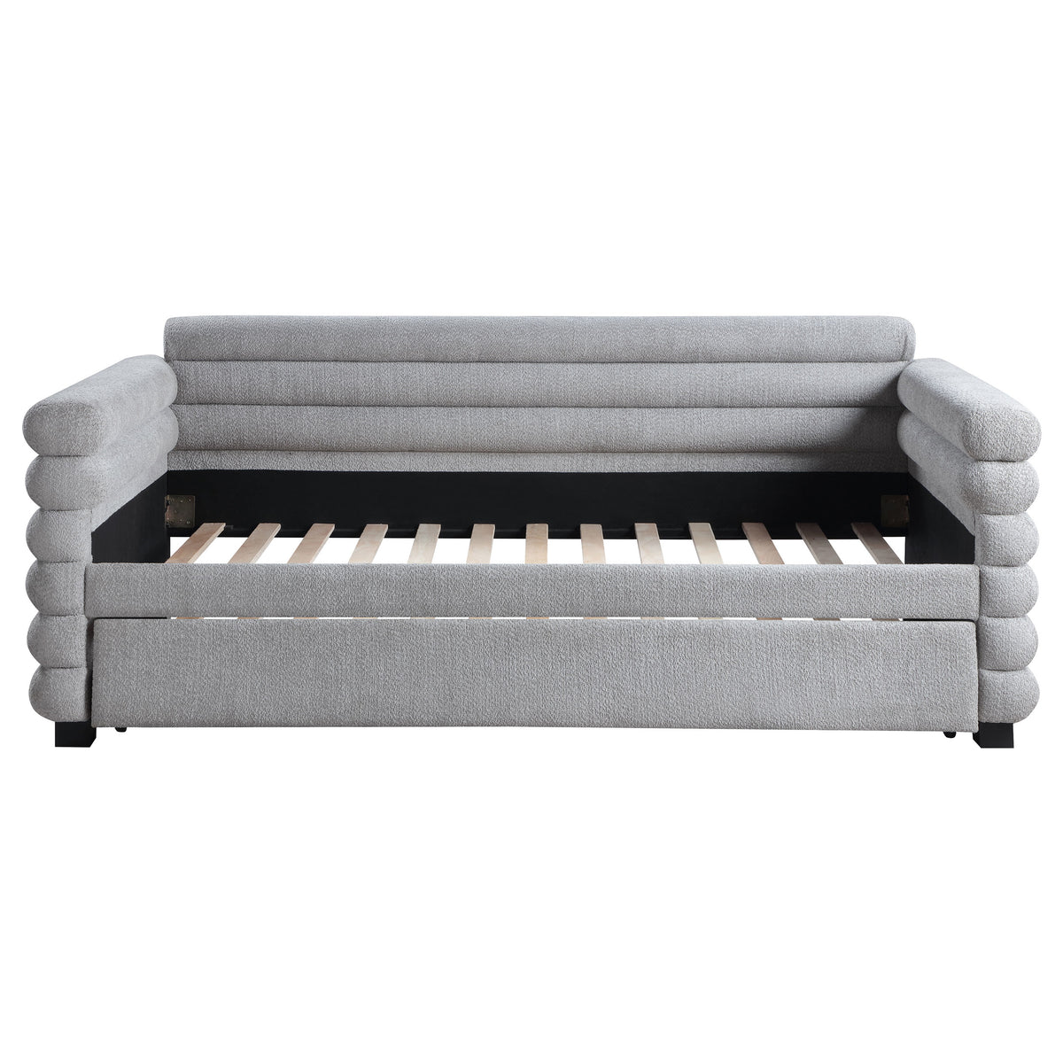 Patricia Boucle Upholstered Twin Daybed with Trundle - Modern Grey with Layered Round Bolsters – view 4
