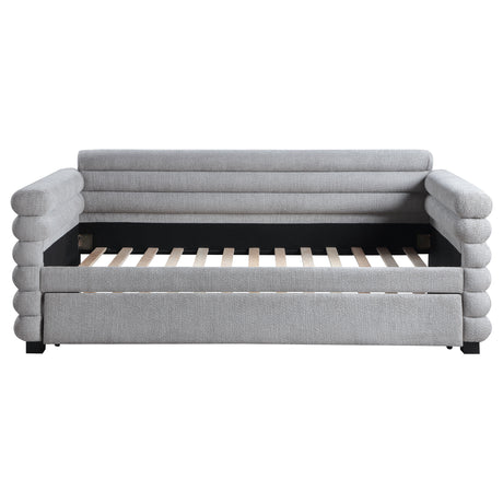 Patricia Boucle Upholstered Twin Daybed with Trundle - Modern Grey with Layered Round Bolsters – view 4