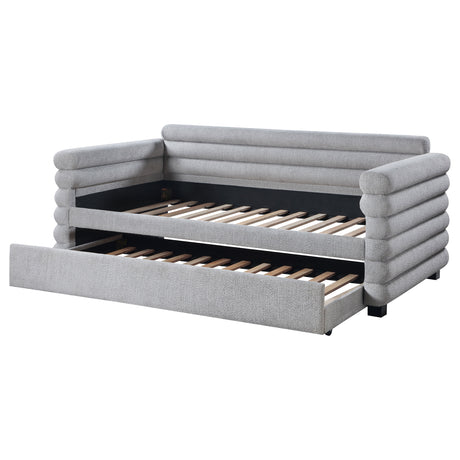 Patricia Boucle Upholstered Twin Daybed with Trundle - Modern Grey with Layered Round Bolsters – view 5