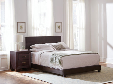 Dorian Upholstered Panel Bed with Padded Headboard - Brown Faux Leather & Black Legs, Twin to California King – view 19