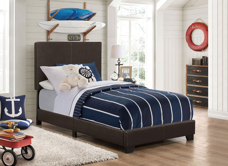 Dorian Upholstered Panel Bed with Padded Headboard - Brown Faux Leather & Black Legs, Twin to California King – view 1