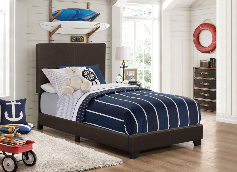 Dorian Upholstered Panel Bed with Padded Headboard - Brown Faux Leather & Black Legs, Twin to California King