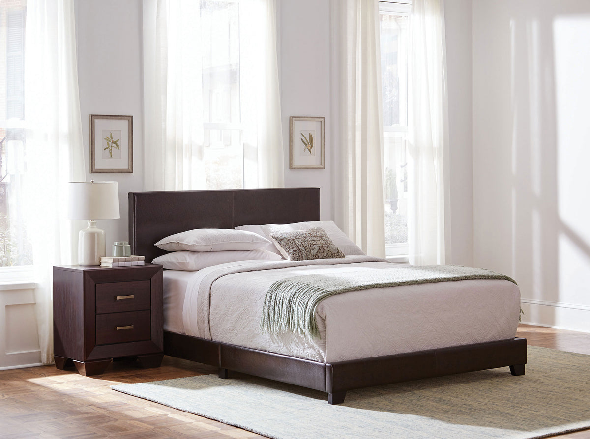 Dorian Upholstered Panel Bed with Padded Headboard - Brown Faux Leather & Black Legs, Twin to California King – view 13