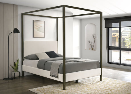 Monroe Upholstered Canopy Bed - Vanilla Boucle with Bronze Metal Frame, Queen or Eastern King – view 1