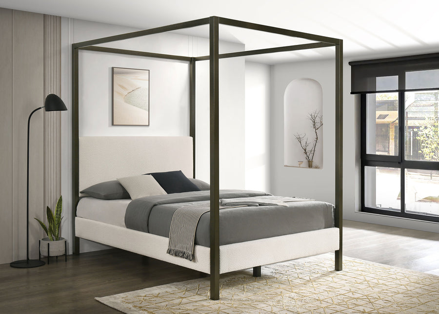 Monroe Upholstered Canopy Bed - Vanilla Boucle with Bronze Metal Frame, Queen or Eastern King