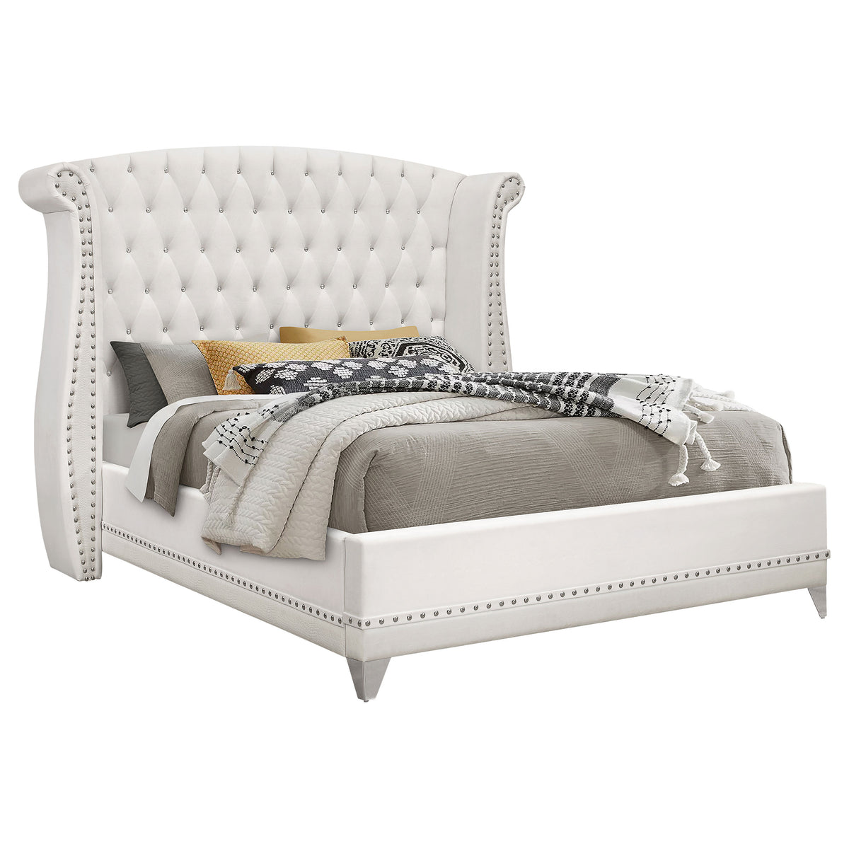 Barzini Crystal-Tufted Wingback Bed & Bedroom Sets - Glam White Velvet with Chrome Nailhead Trim – view 17