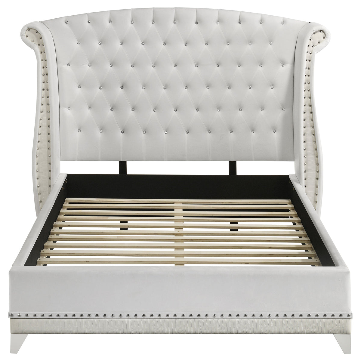 Barzini Crystal-Tufted Wingback Bed & Bedroom Sets - Glam White Velvet with Chrome Nailhead Trim – view 14