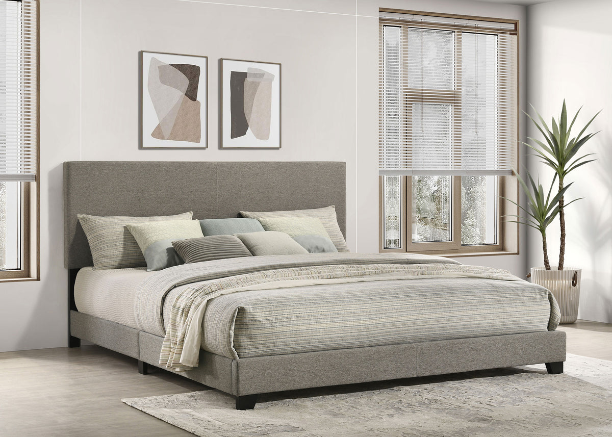 Dorian Upholstered Panel Bed with Padded Headboard - Taupe Fabric & Black Legs, Twin to California King - lifestyle