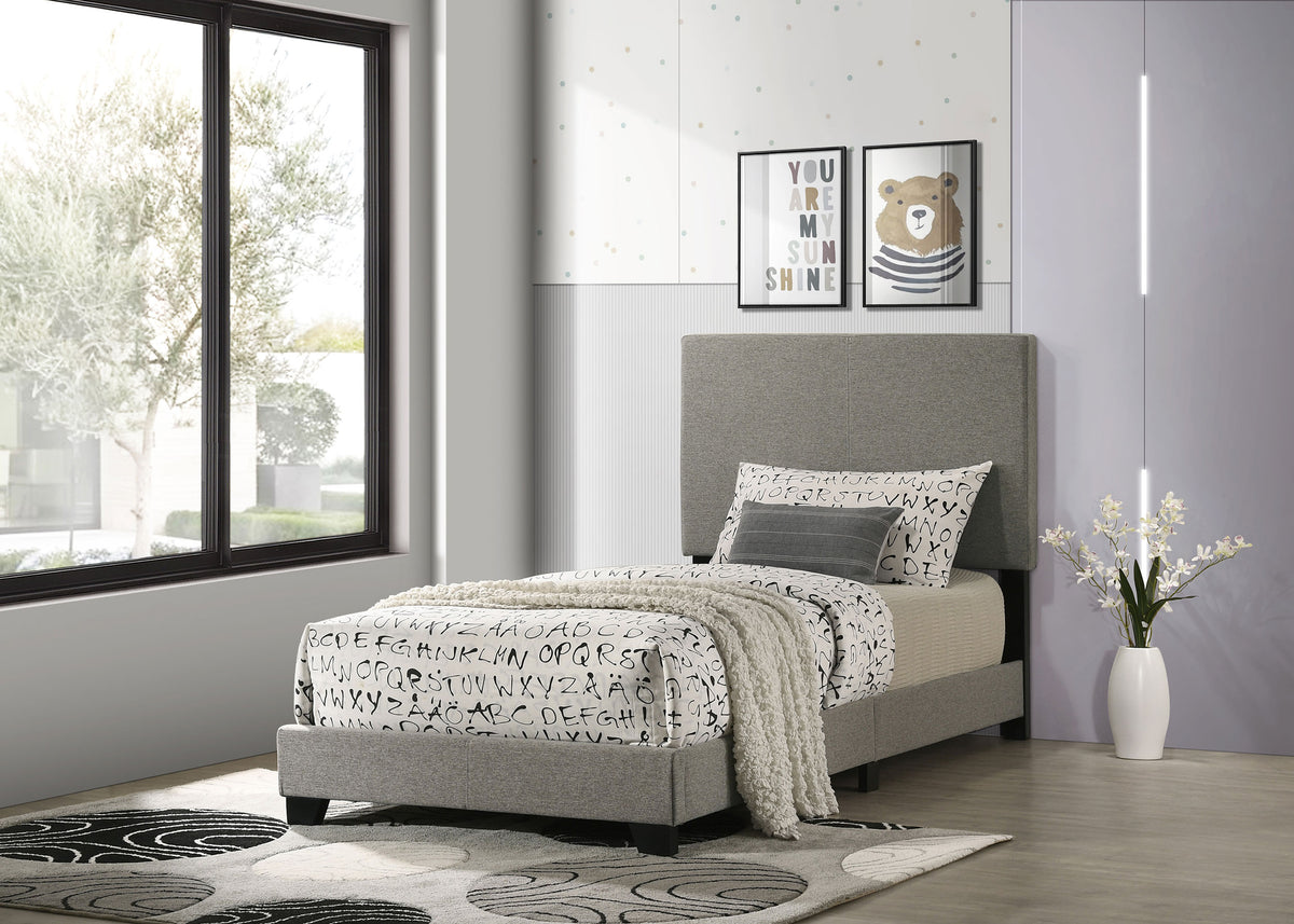 Dorian Upholstered Panel Bed with Padded Headboard - Taupe Fabric & Black Legs, Twin to California King – view 1