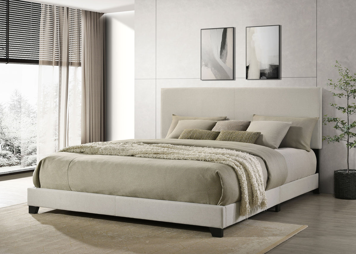 Dorian Upholstered Panel Bed with Padded Headboard - Cream Fabric & Black Legs, Twin to California King - lifestyle