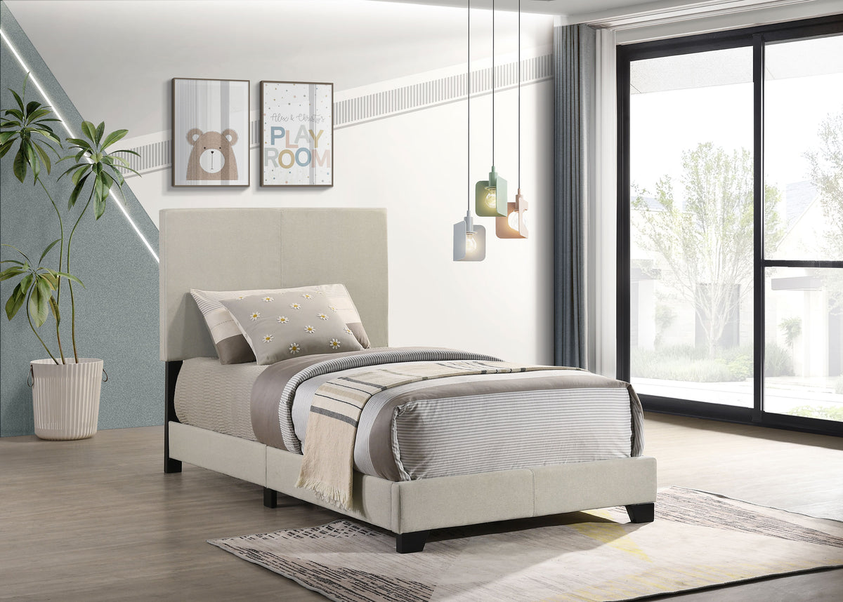 Dorian Upholstered Panel Bed with Padded Headboard - Cream Fabric & Black Legs, Twin to California King – view 1