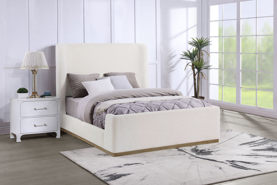 Nala Wingback Upholstered Bed - Cream Boucle with Exposed Oak-Finish Wood Base, Queen or Eastern King