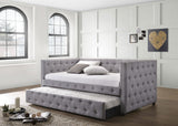 Mockern Tufted Upholstered Twin Daybed with Trundle - Grey with Brushed Nickel Nailhead Trim – view 1