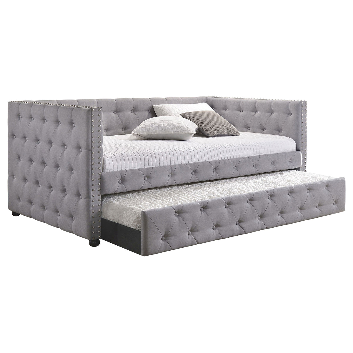 Mockern Tufted Upholstered Twin Daybed with Trundle - Grey with Brushed Nickel Nailhead Trim – view 3