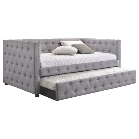 Mockern Tufted Upholstered Twin Daybed with Trundle - Grey with Brushed Nickel Nailhead Trim – view 3