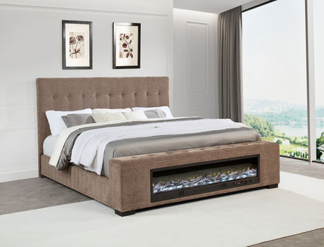Senna Tufted Upholstered Bed with Flame Visualizer Footboard & Bluetooth Speaker - Brown Fabric, Queen to Cal King – view 1