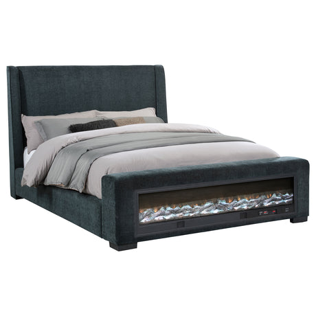 Preston Wingback Upholstered Bed with Flame Visualizer Footboard & Bluetooth Speaker - Dark Blue, Queen to Cal King – view 17