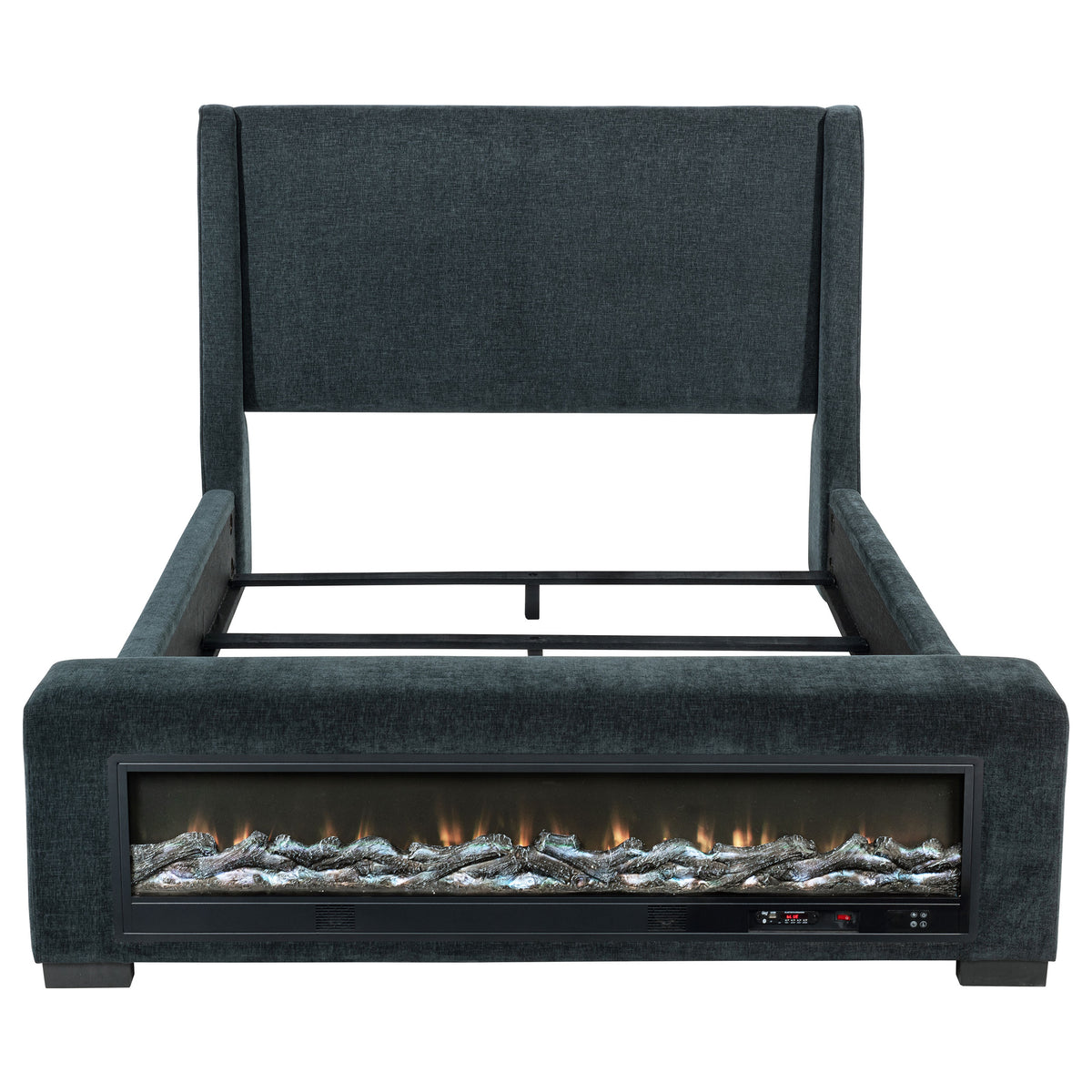 Preston Wingback Upholstered Bed with Flame Visualizer Footboard & Bluetooth Speaker - Dark Blue, Queen to Cal King – view 8