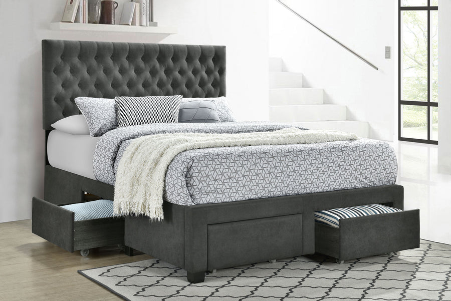 Soledad Upholstered Storage Panel Bed with 4 Drawers - Button-Tufted Grey Fabric, Full to Eastern King