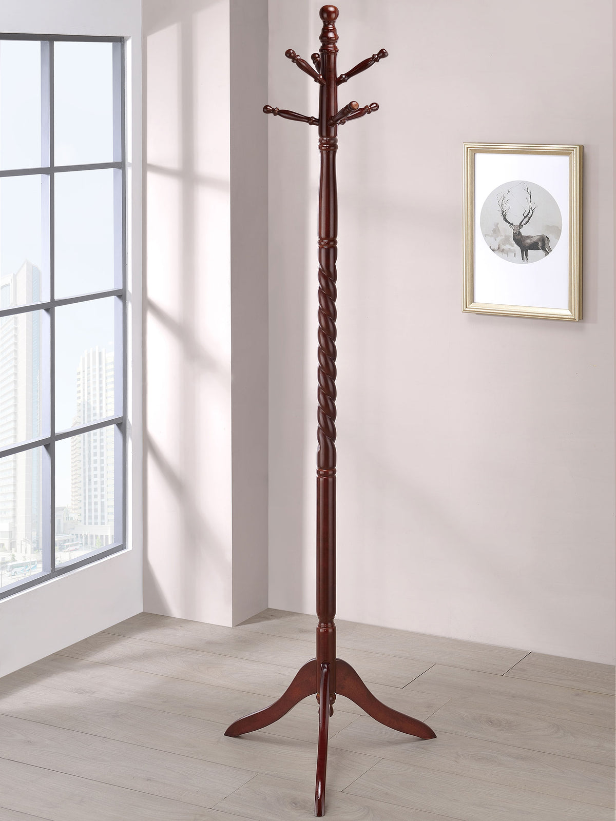 Riona Traditional Coat Rack - 6 Pegs with Twisted Post in Merlot Solid Wood – view 1