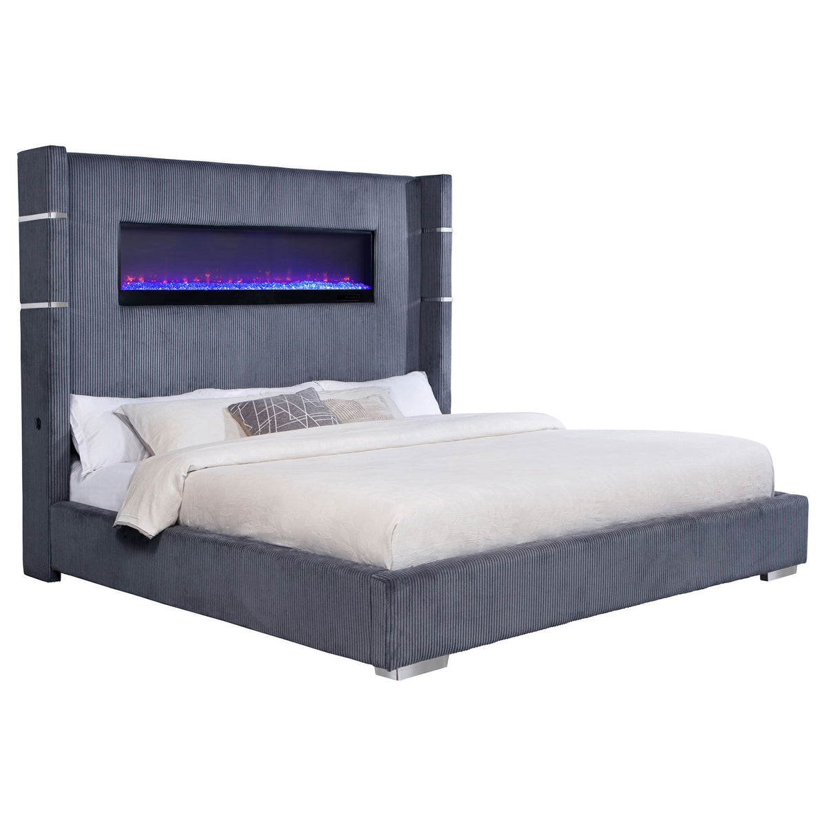 Tisdall Upholstered Wingback Bed with Flame Visualizer - Grey Corduroy, Queen or King – view 13