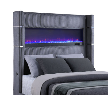 Tisdall Upholstered Wingback Bed with Flame Visualizer - Grey Corduroy, Queen or King – view 16