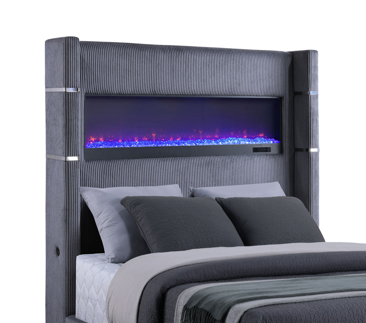 Tisdall Upholstered Wingback Bed with Flame Visualizer - Grey Corduroy, Queen or King – view 9