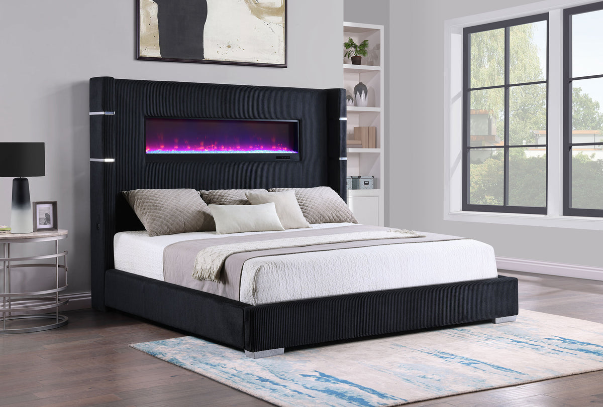 Tisdall Upholstered Wingback Bed with Flame Visualizer Lighting - Black Corduroy, Queen or King – view 11