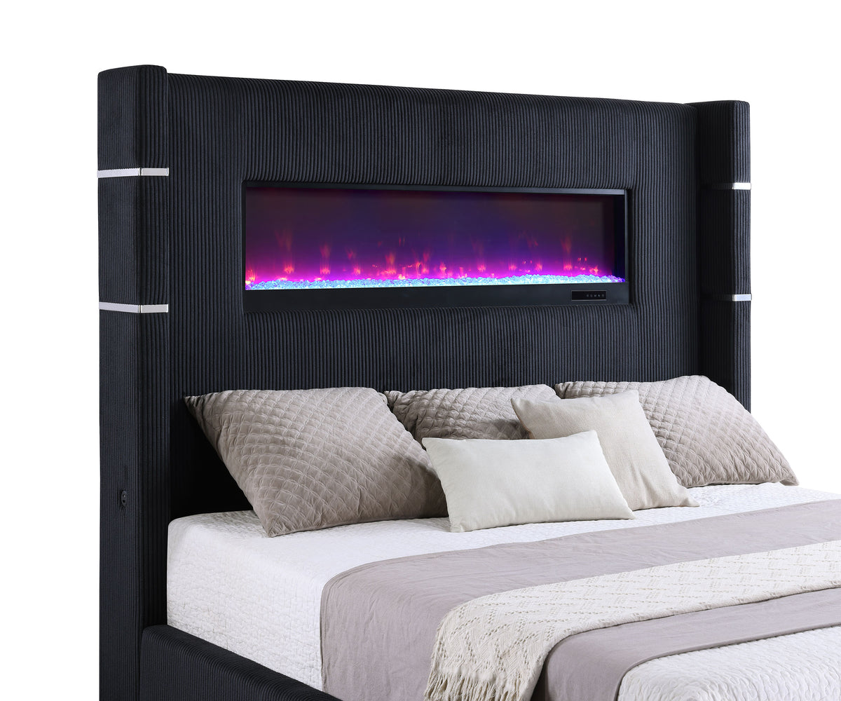 Tisdall Upholstered Wingback Bed with Flame Visualizer Lighting - Black Corduroy, Queen or King – view 14