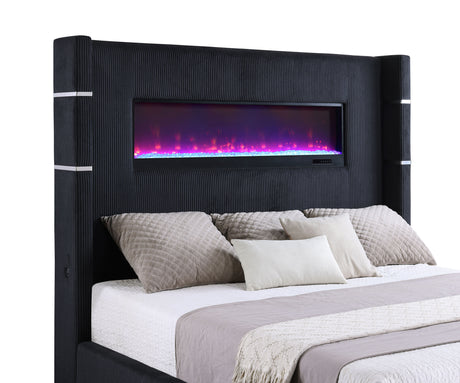 Tisdall Upholstered Wingback Bed with Flame Visualizer Lighting - Black Corduroy, Queen or King – view 14