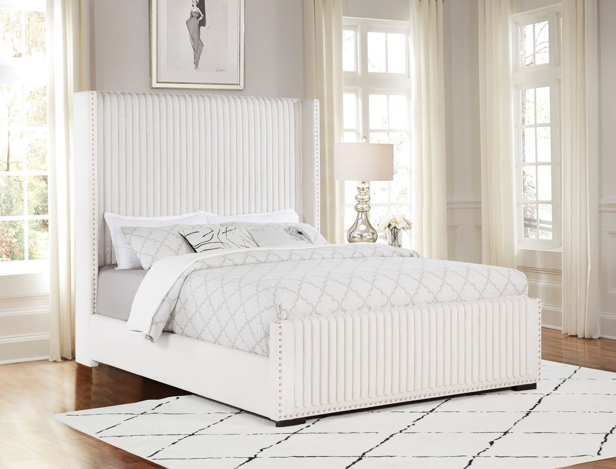 Natasha Channel-Tufted Wingback Bed with Nailhead Trim - Cream Corduroy, Queen or King – view 1