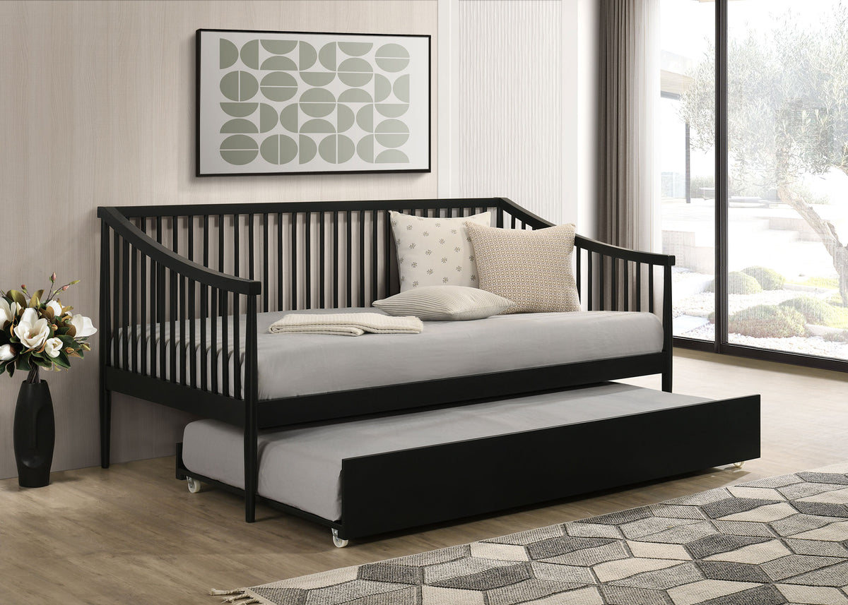 Delgado Windsor Spindle Twin Daybed with Trundle - Arched Arms in Black Wood – view 1
