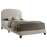 Tamarac Upholstered Panel Bed - Shaped Art Deco Headboard with Brass Nailheads in Beige, Full to Eastern King – view 7