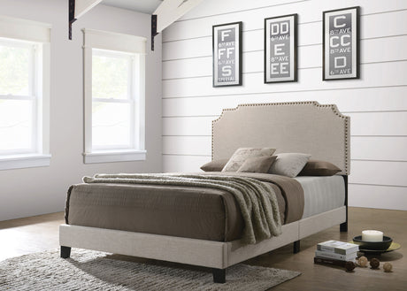Tamarac Upholstered Panel Bed - Shaped Art Deco Headboard with Brass Nailheads in Beige, Full to Eastern King – view 3