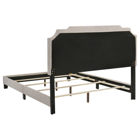Tamarac Upholstered Panel Bed - Shaped Art Deco Headboard with Brass Nailheads in Beige, Full to Eastern King – view 16