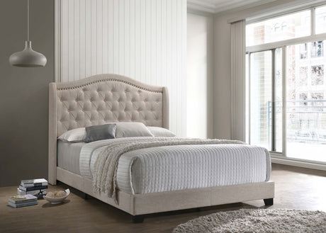 Sonoma Upholstered Wingback Bed with Button Tufting & Nailhead Trim - Transitional Grey or Beige, Full to Eastern King - lifestyle