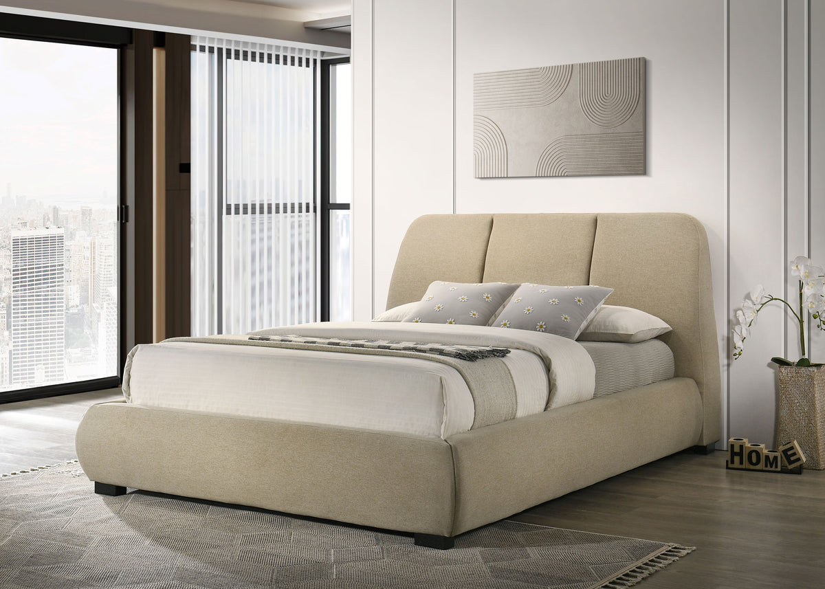 Mokena Curved Upholstered Platform Bed with Stitched Headboard - Light Brown Fabric, Queen to California King – view 1