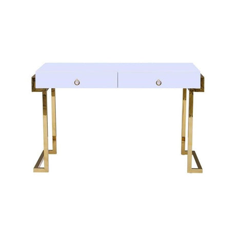 White Lacquer 2-Drawer Writing Desk Gold - detail view