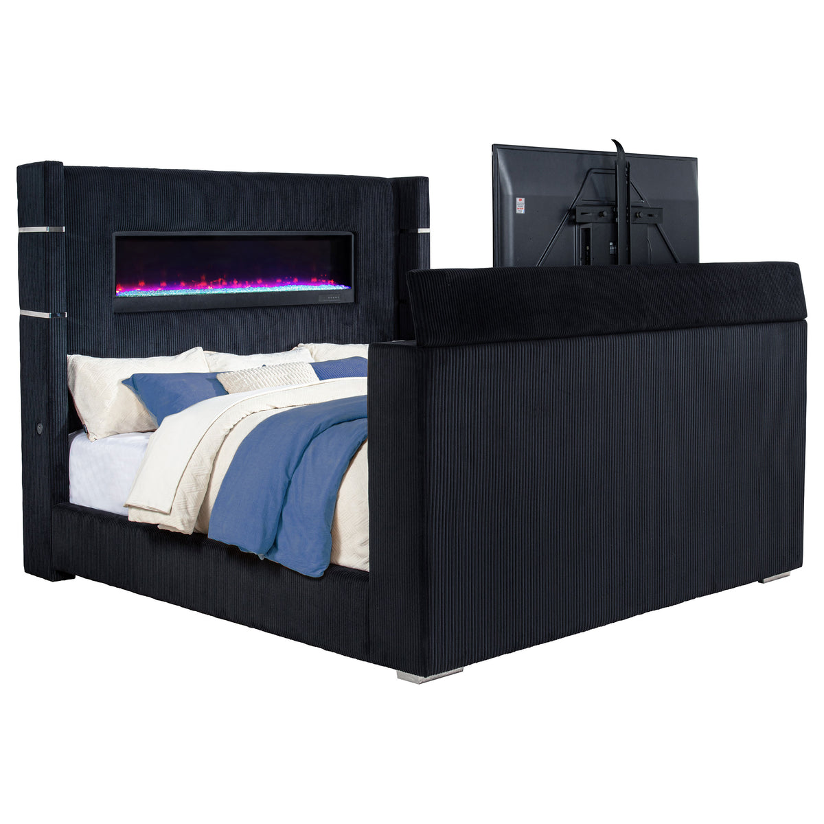 Tisdall Wingback TV Bed with Motorized Lift & Flame Visualizer - Black Corduroy, Queen & King – view 20