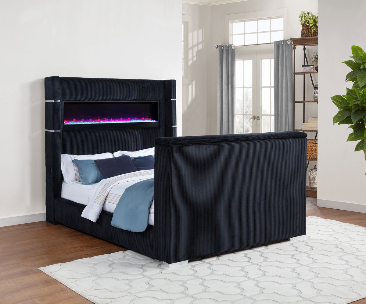 Tisdall Wingback TV Bed with Motorized Lift & Flame Visualizer - Black Corduroy, Queen & King – view 1