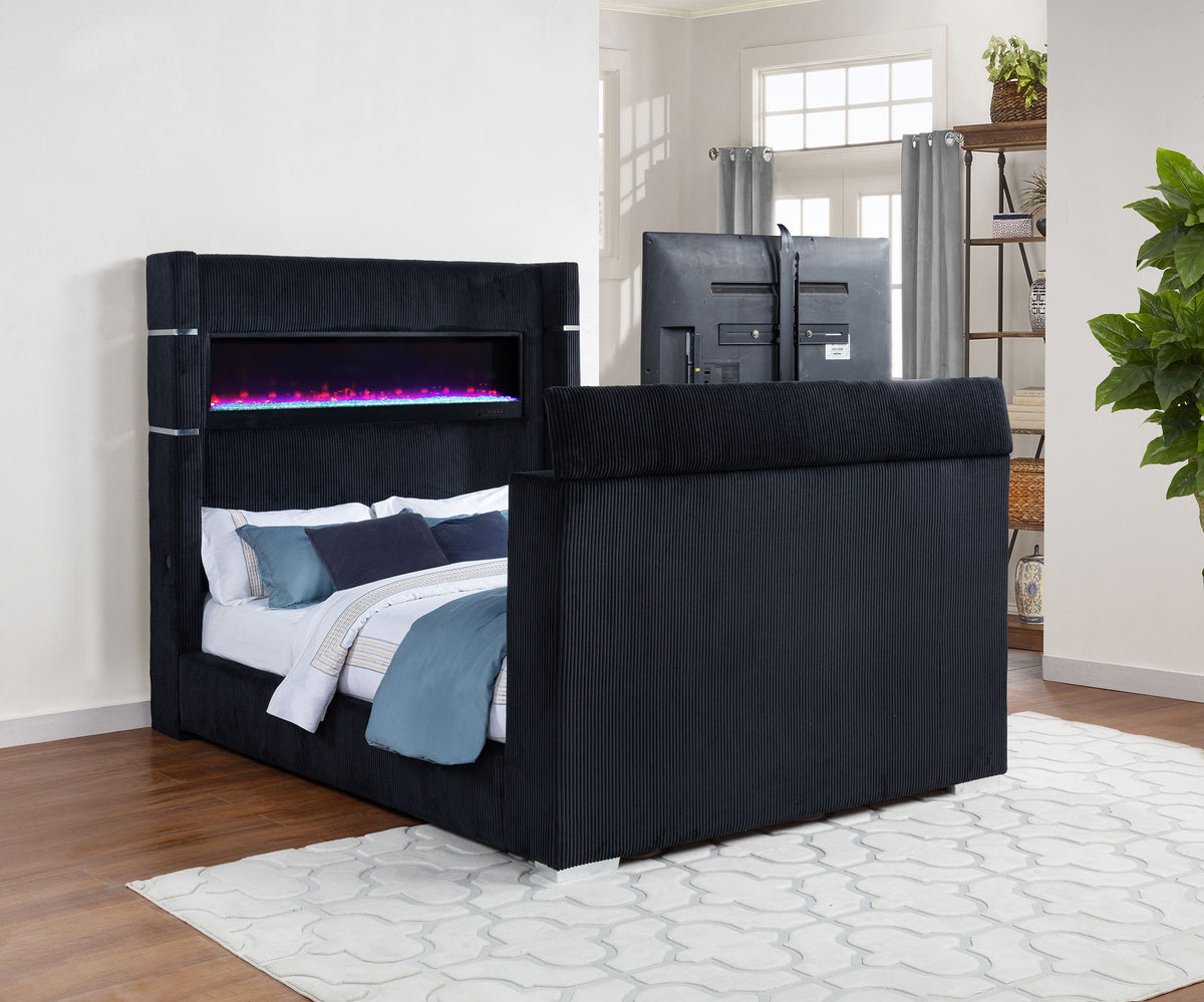 Tisdall Wingback TV Bed with Motorized Lift & Flame Visualizer - Black Corduroy, Queen & King – view 5