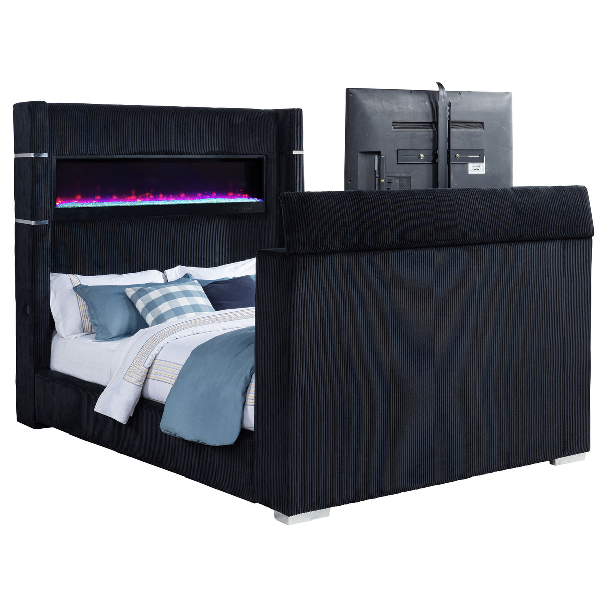 Tisdall Wingback TV Bed with Motorized Lift & Flame Visualizer - Black Corduroy, Queen & King – view 7