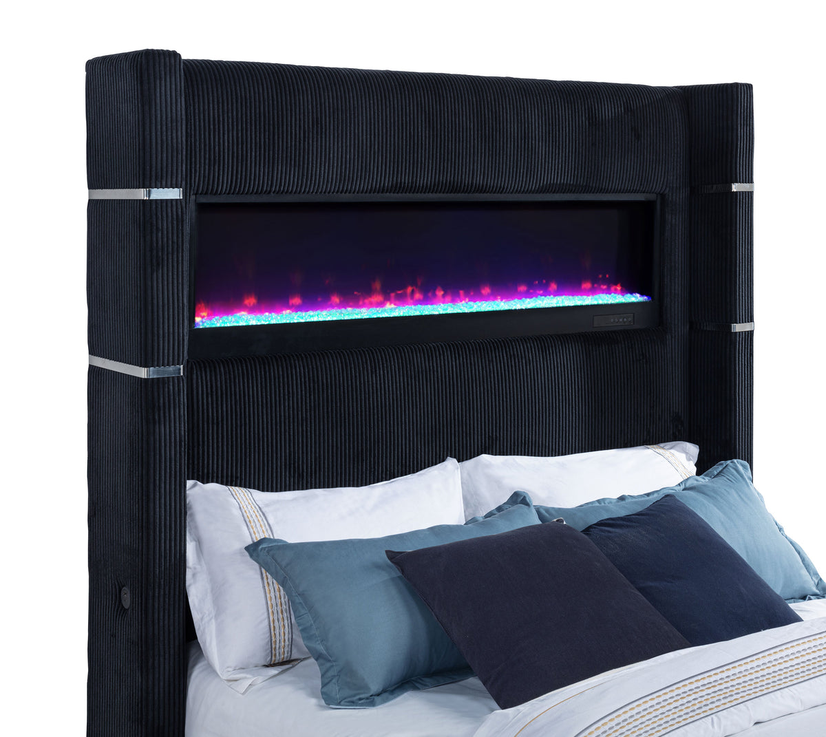 Tisdall Wingback TV Bed with Motorized Lift & Flame Visualizer - Black Corduroy, Queen & King – view 11