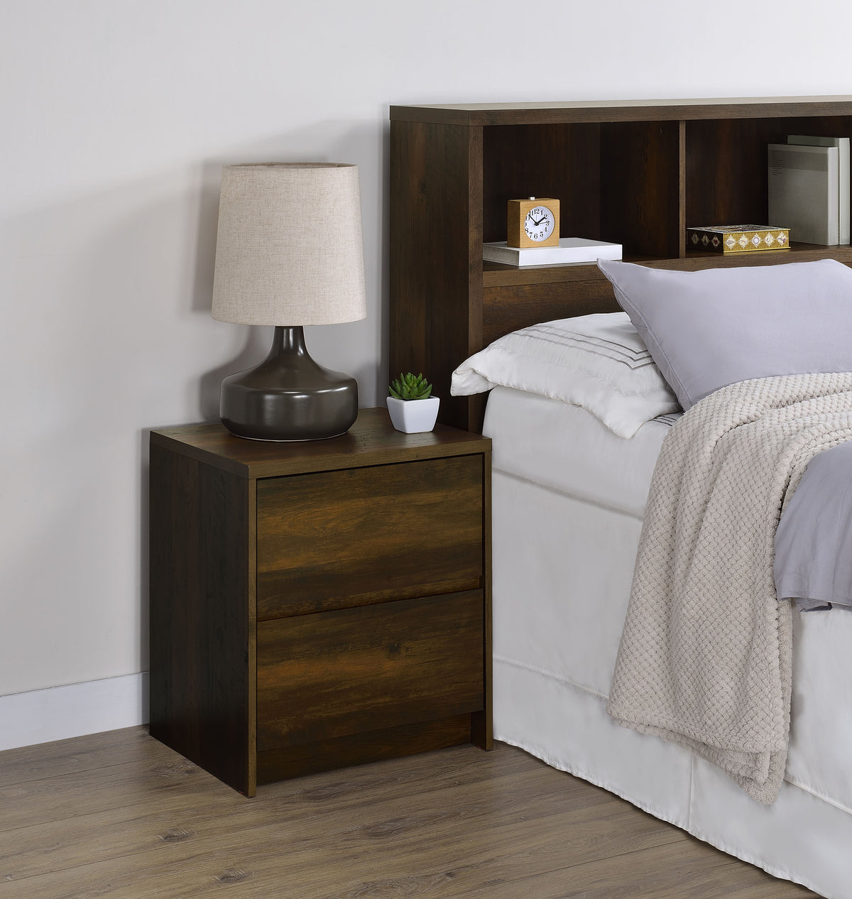 Westpark Bookcase Headboard & Wall Bed Sets - Open Cubby Storage with USB Nightstand in Dark Pine - lifestyle