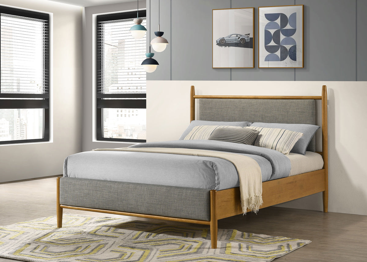 Mason Mid-Century Platform Bed with Padded Grey Headboard - Light Brown Wood, Twin to Eastern King – view 14