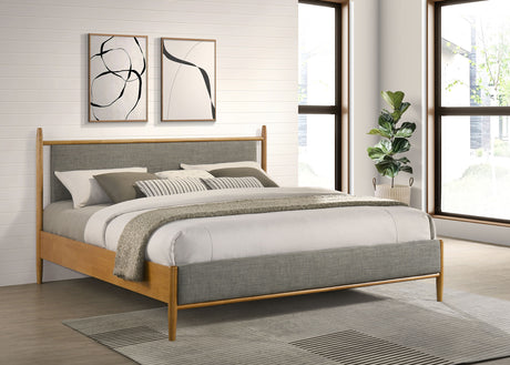 Mason Mid-Century Platform Bed with Padded Grey Headboard - Light Brown Wood, Twin to Eastern King - lifestyle
