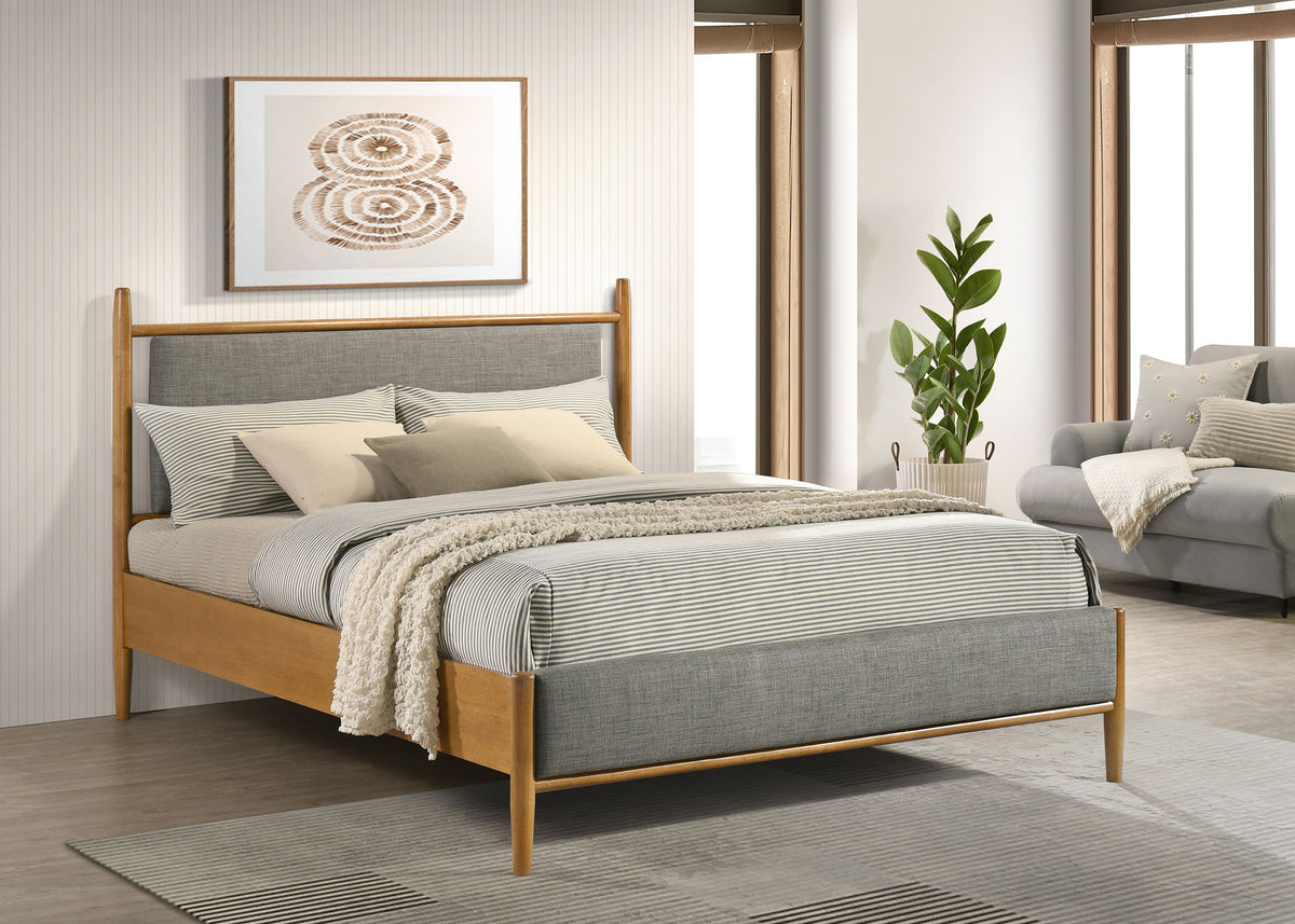 Mason Mid-Century Platform Bed with Padded Grey Headboard - Light Brown Wood, Twin to Eastern King - lifestyle
