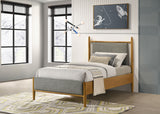 Mason Mid-Century Platform Bed with Padded Grey Headboard - Light Brown Wood, Twin to Eastern King – view 1