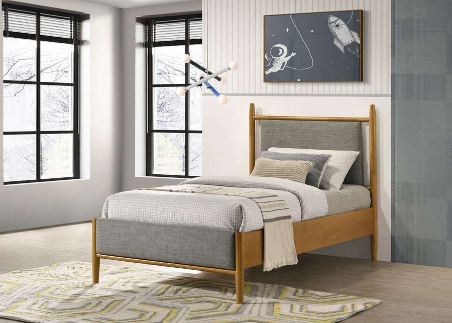 Mason Mid-Century Platform Bed with Padded Grey Headboard - Light Brown Wood, Twin to Eastern King